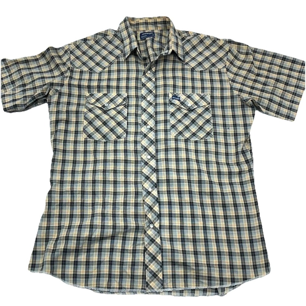 Vintage Wrangler Shirt Men Large Pearl Snap Cowboy Cut Western USA 90s Plaid *‎